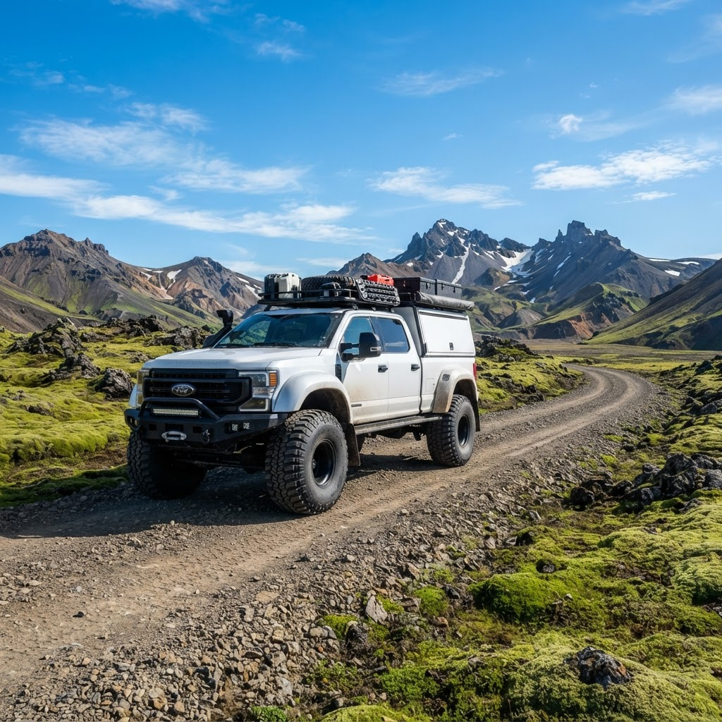 Ford F-350 SuperJeep — support truck carrying spares, fuel, luggage and our on-trail mechanic