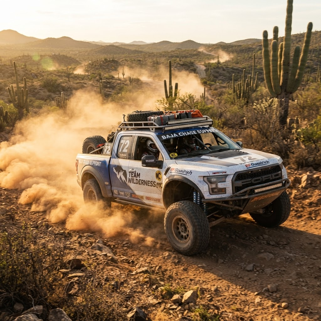 Baja chase truck carrying spares, fuel, soft bags and field recovery gear across the peninsula