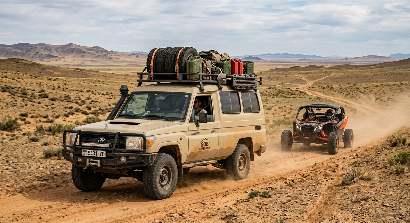 Toyota Land Cruiser support vehicle carrying luggage, fuel, spares and recovery gear across the Gobi