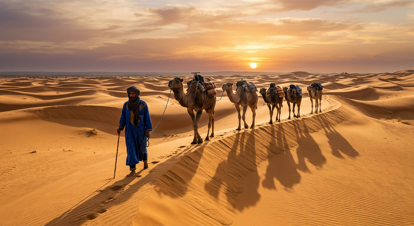 Camel caravan at sunset