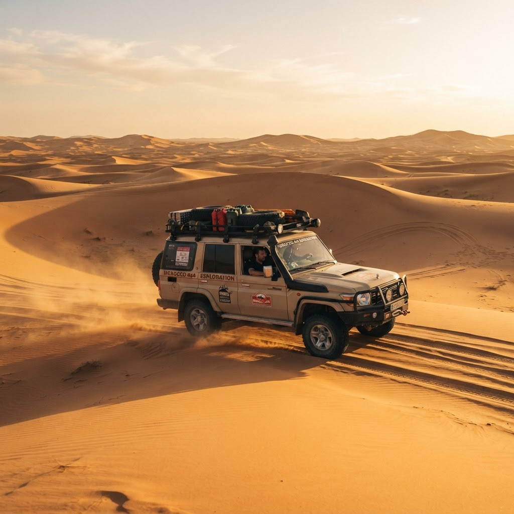 Toyota Land Cruiser support vehicle carrying spares, fuel, soft bags and field recovery gear across the Sahara