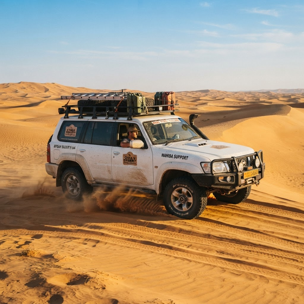 Nissan Patrol support vehicle carrying spares, fuel, luggage and field recovery gear across the sands